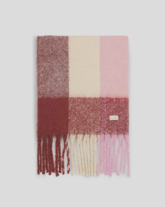 Katie Loxton Pink Burgundy Cream Recycled Checked Tassel Scarf