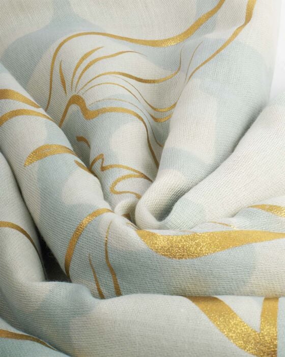 Katie Loxton Green Mist Off White Golden Floral Line Printed Foil Scarf