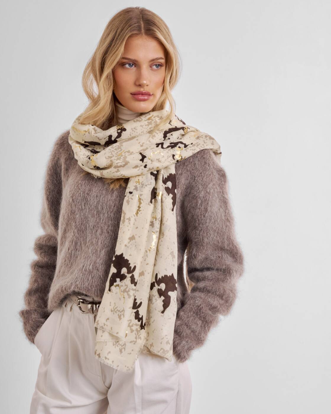 Katie Loxton Sand Taupe Chocolate Snake Printed Foil Scarf