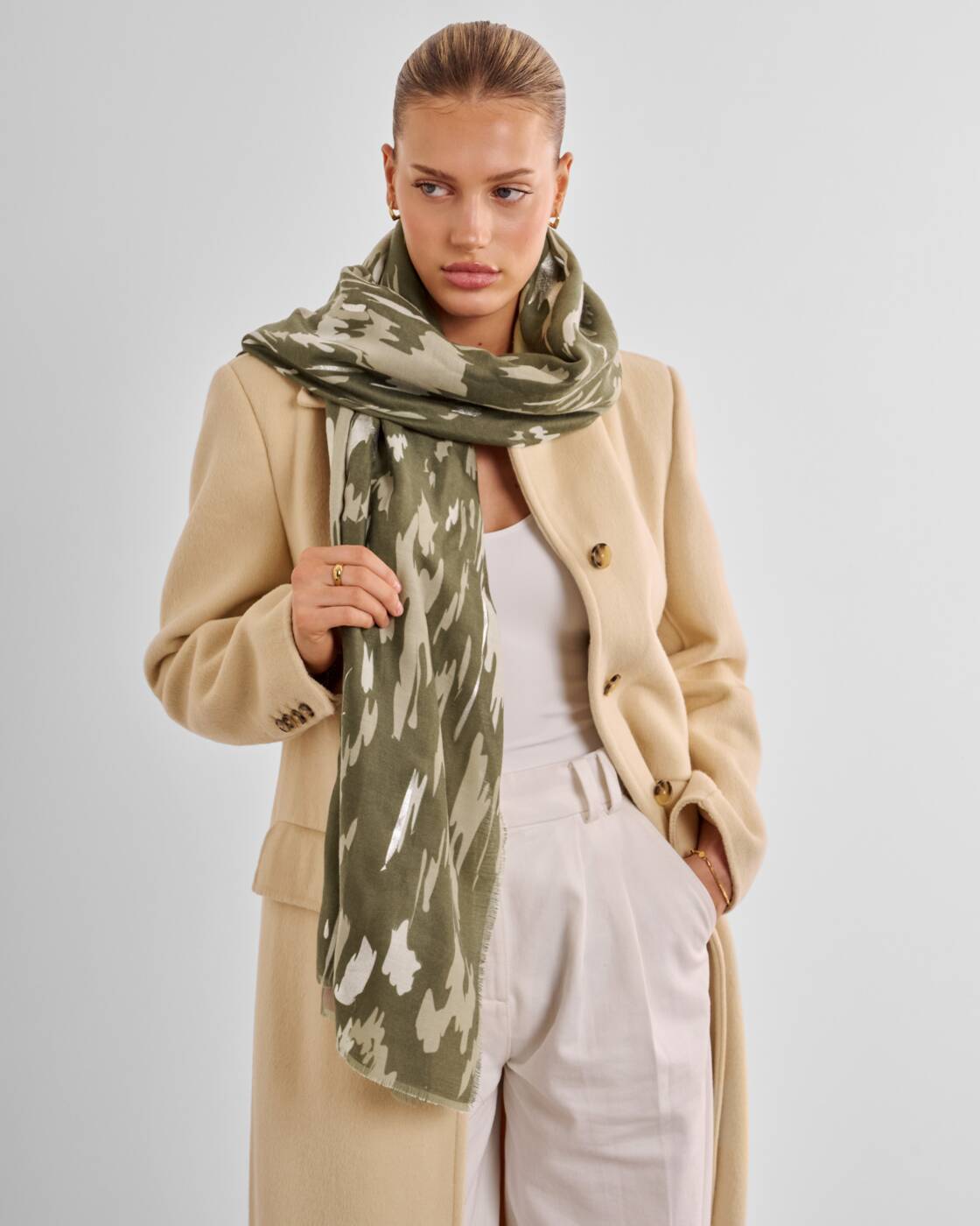 Katie Loxton Olive Sand Sage Animal Printed Foil Scarf