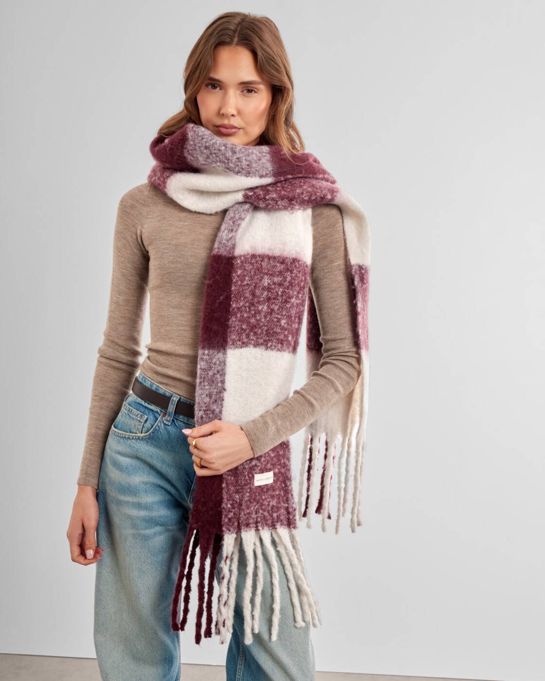 Katie Loxton Cherry & Off White Recycled Checked Tassel Scarf
