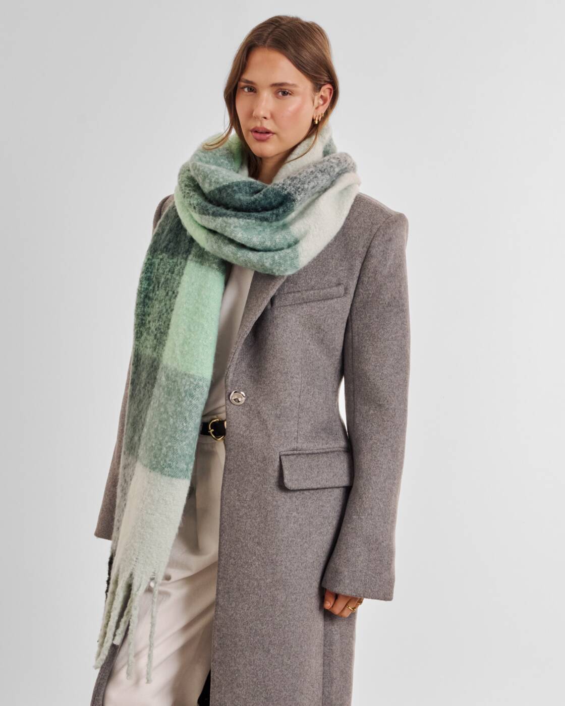 Katie Loxton Green & Grey Recycled Checked Tassel Scarf