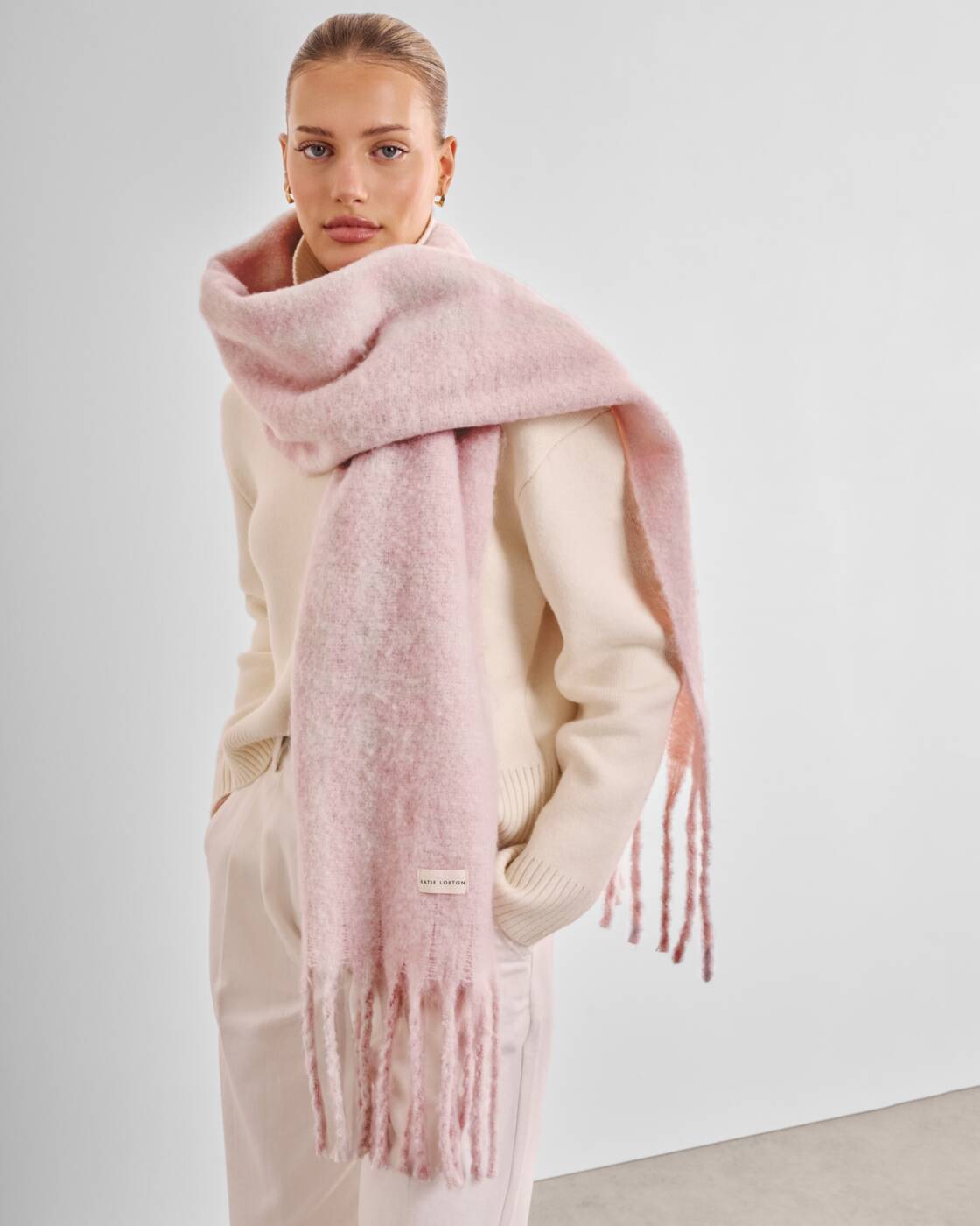 Katie Loxton Blush Pink & White Plaid Recycled Striped Tassel Scarf