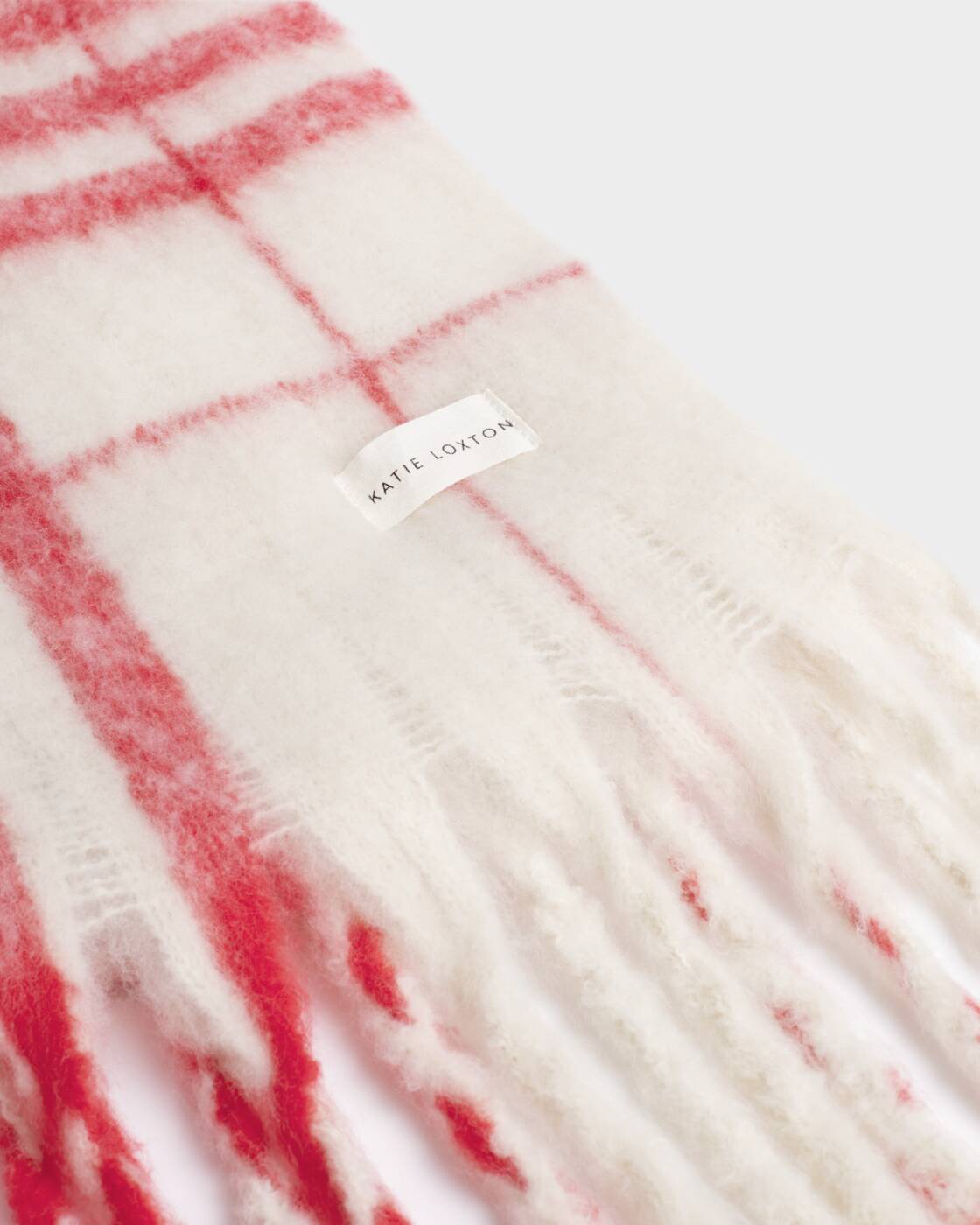 Katie Loxton Off White & Red Plaid Recycled Striped Tassel Scarf