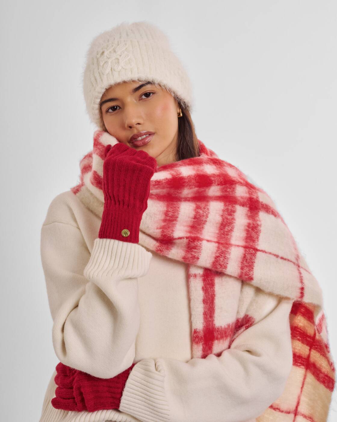 Katie Loxton Off White & Red Plaid Recycled Striped Tassel Scarf