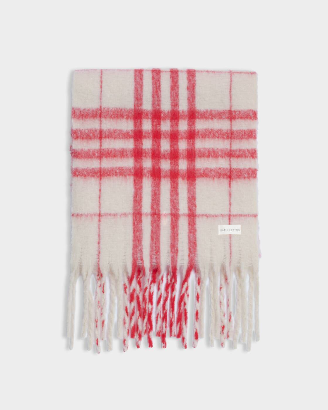 Katie Loxton Off White & Red Plaid Recycled Striped Tassel Scarf