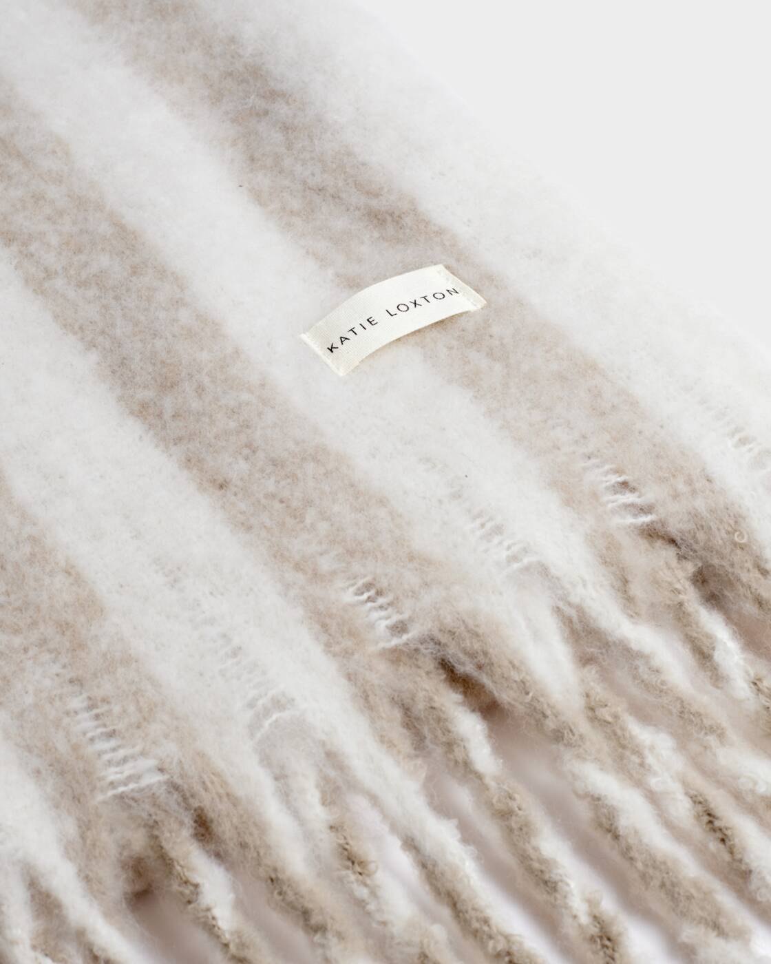 Katie Loxton Off White & Sand Recycled Striped Tassel Scarf