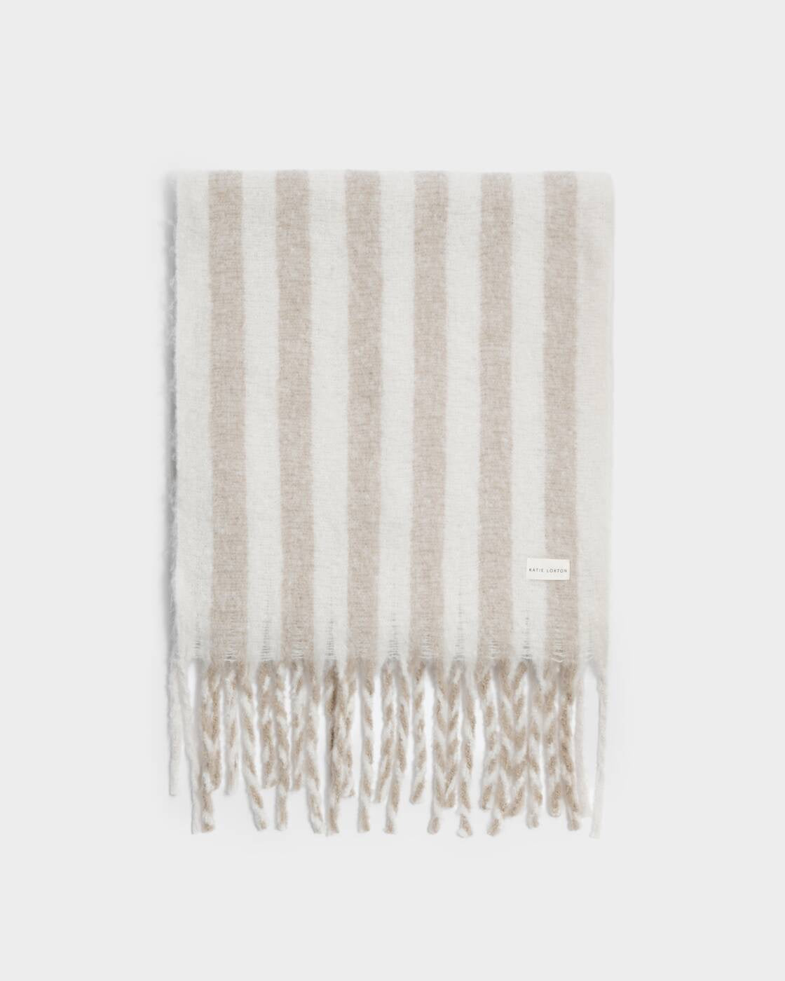Katie Loxton Off White & Sand Recycled Striped Tassel Scarf