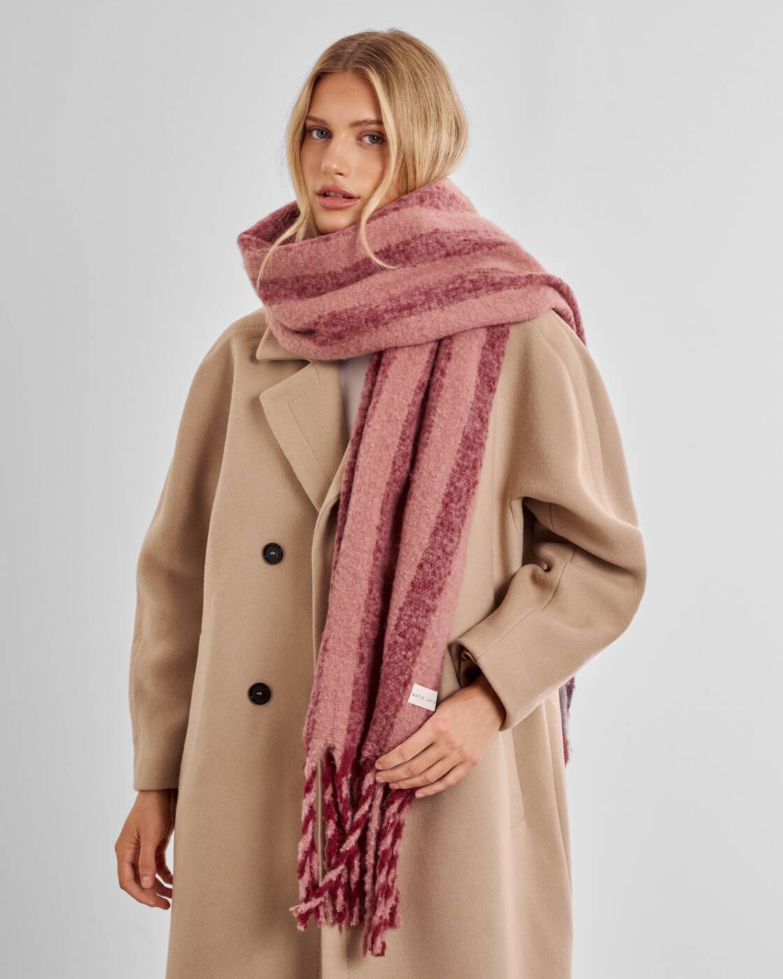 Katie Loxton Pink & Cherry Recycled Striped Tassel Scarf
