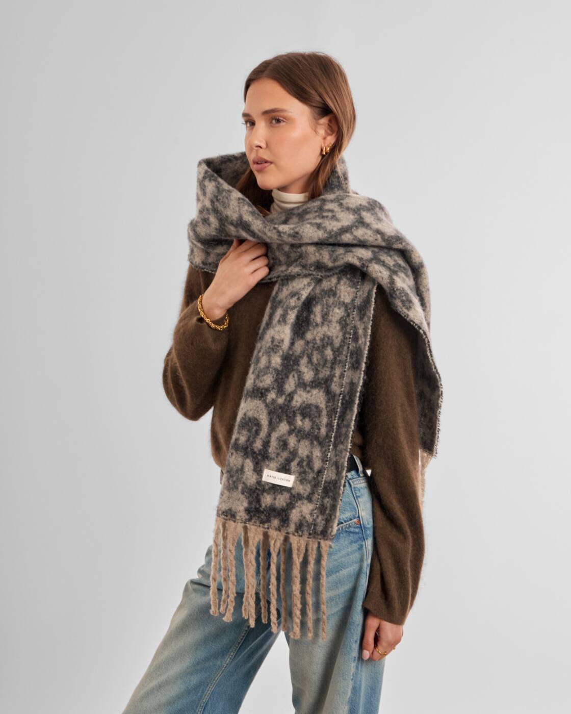 Katie Loxton Taupe & Chocolate Animal Recycled Checked Tassel Scarf
