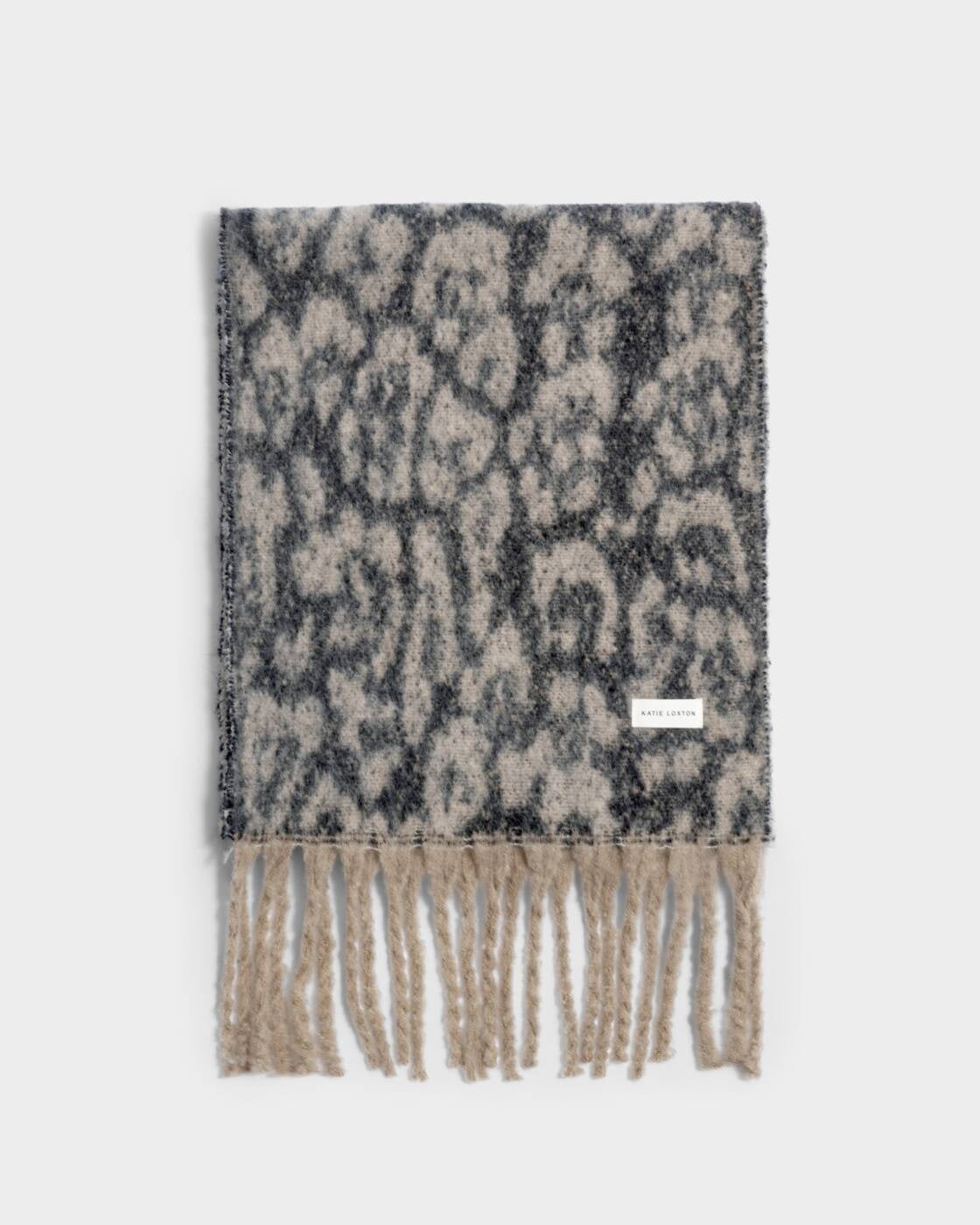 Katie Loxton Taupe & Chocolate Animal Recycled Checked Tassel Scarf