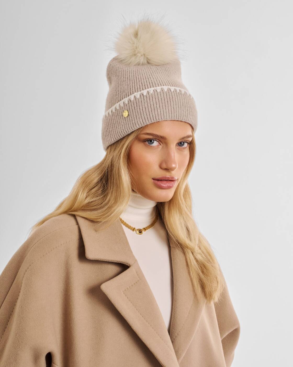 Katie Loxton Taupe Whipstitch Pom Pom Knitted Hat