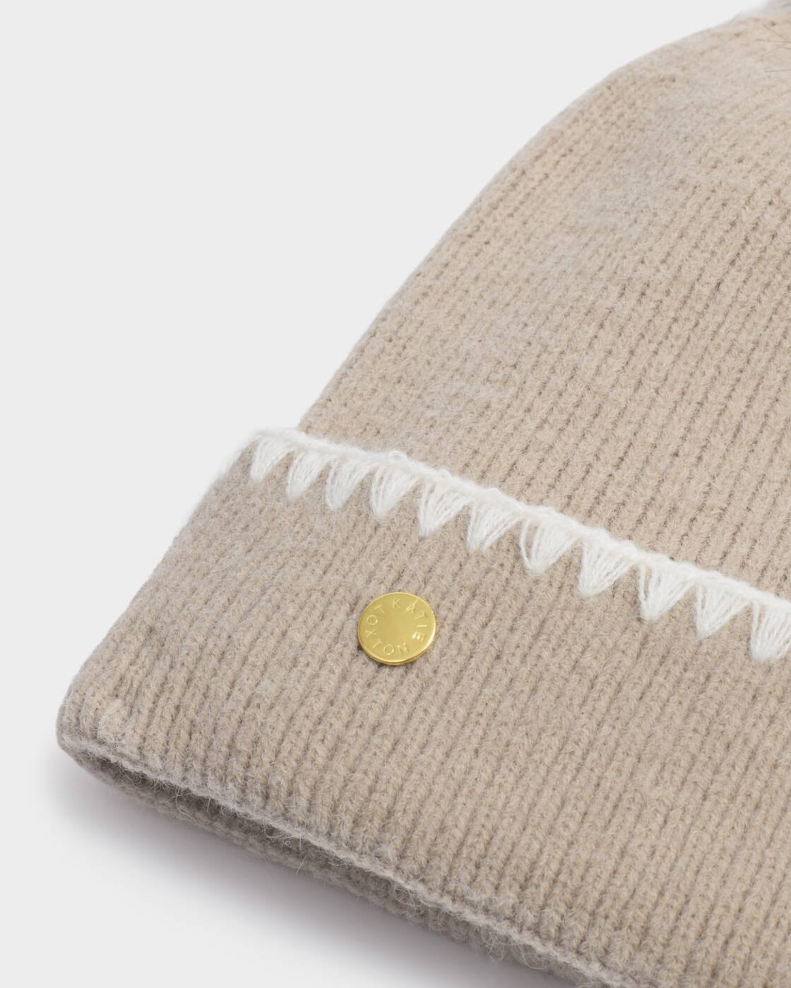 Katie Loxton Taupe Whipstitch Pom Pom Knitted Hat