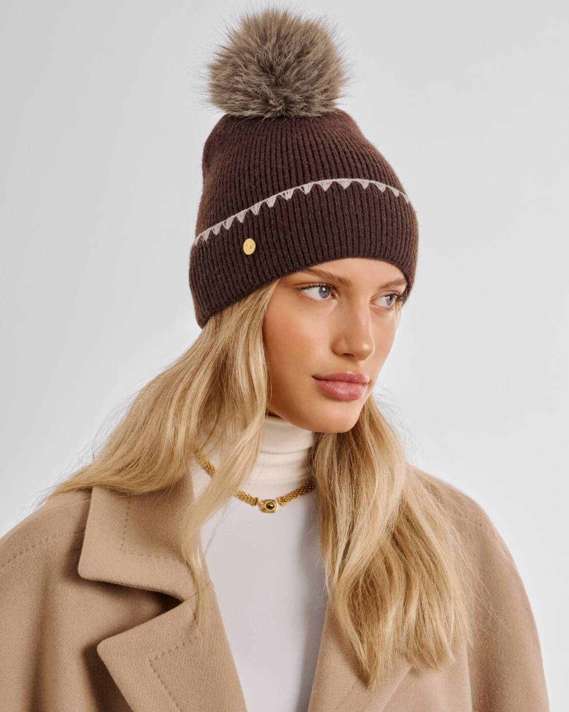 Katie Loxton Chocolate Whipstitch Pom Pom Knitted Hat