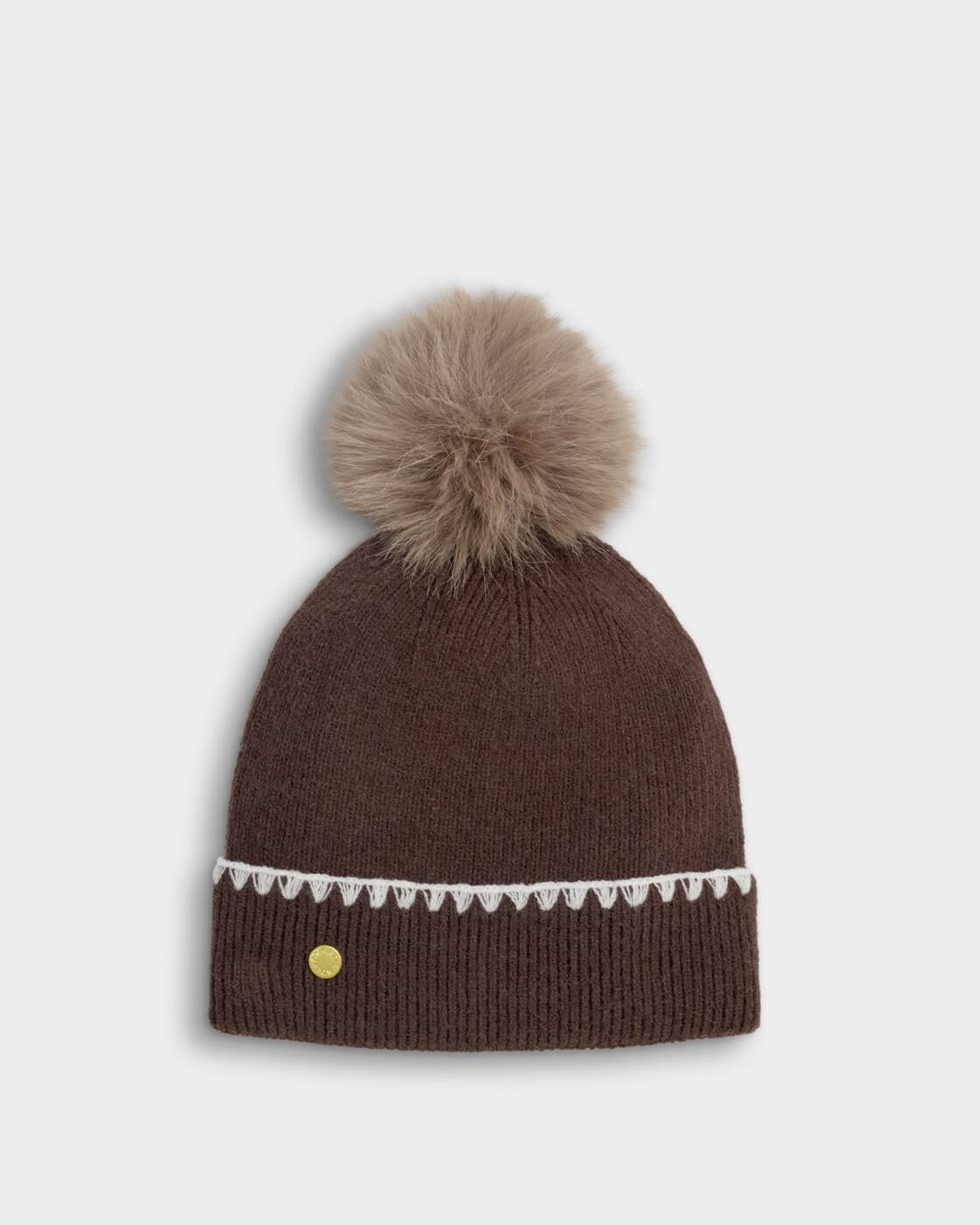 Katie Loxton Chocolate Whipstitch Pom Pom Knitted Hat