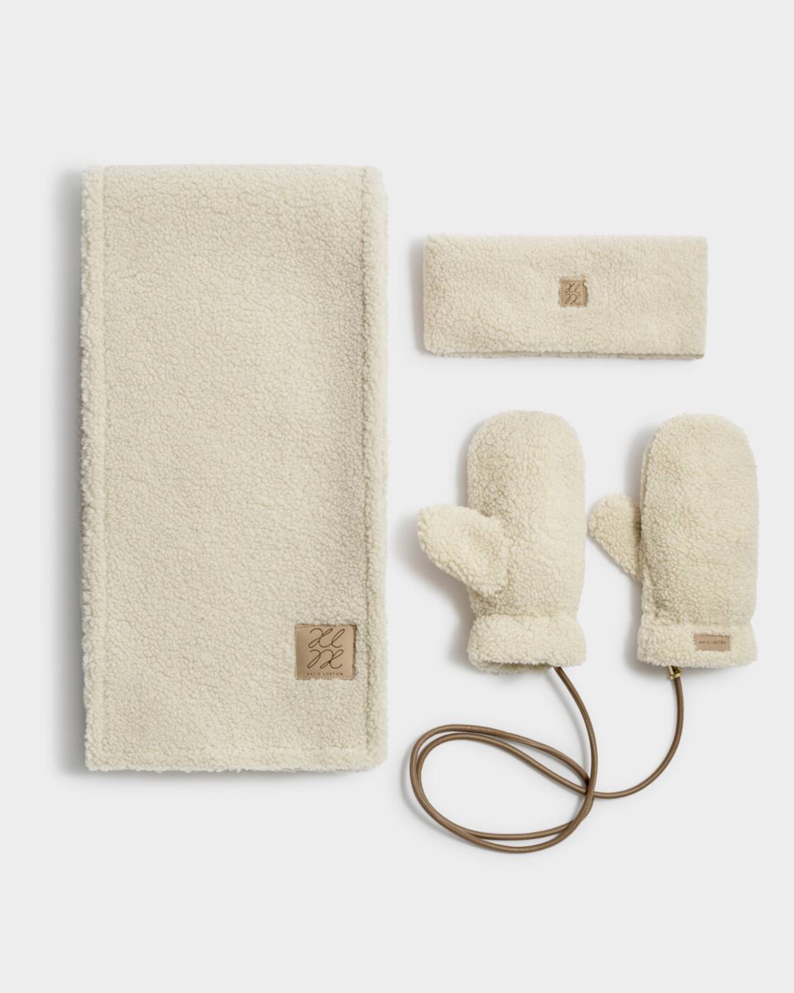 Katie Loxton Cream Borg Mittens With Cord