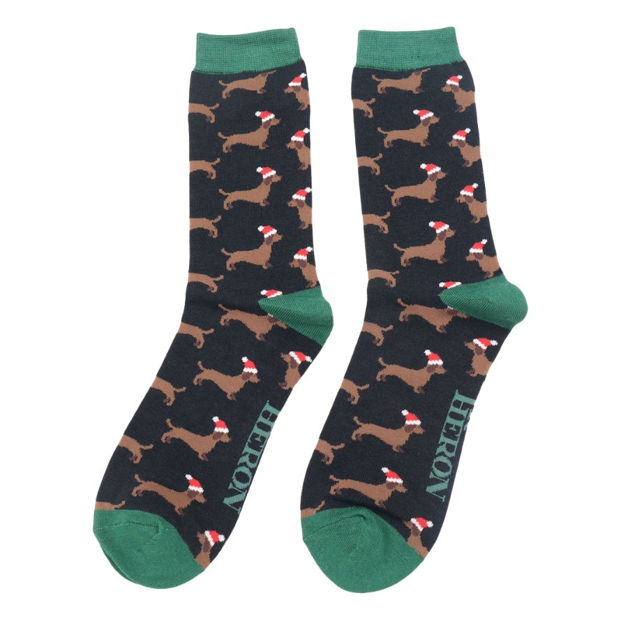 Mr Heron Sausage Dog Santa Socks Black