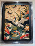 One Crane With Carp On Velvet Picture Black Frame