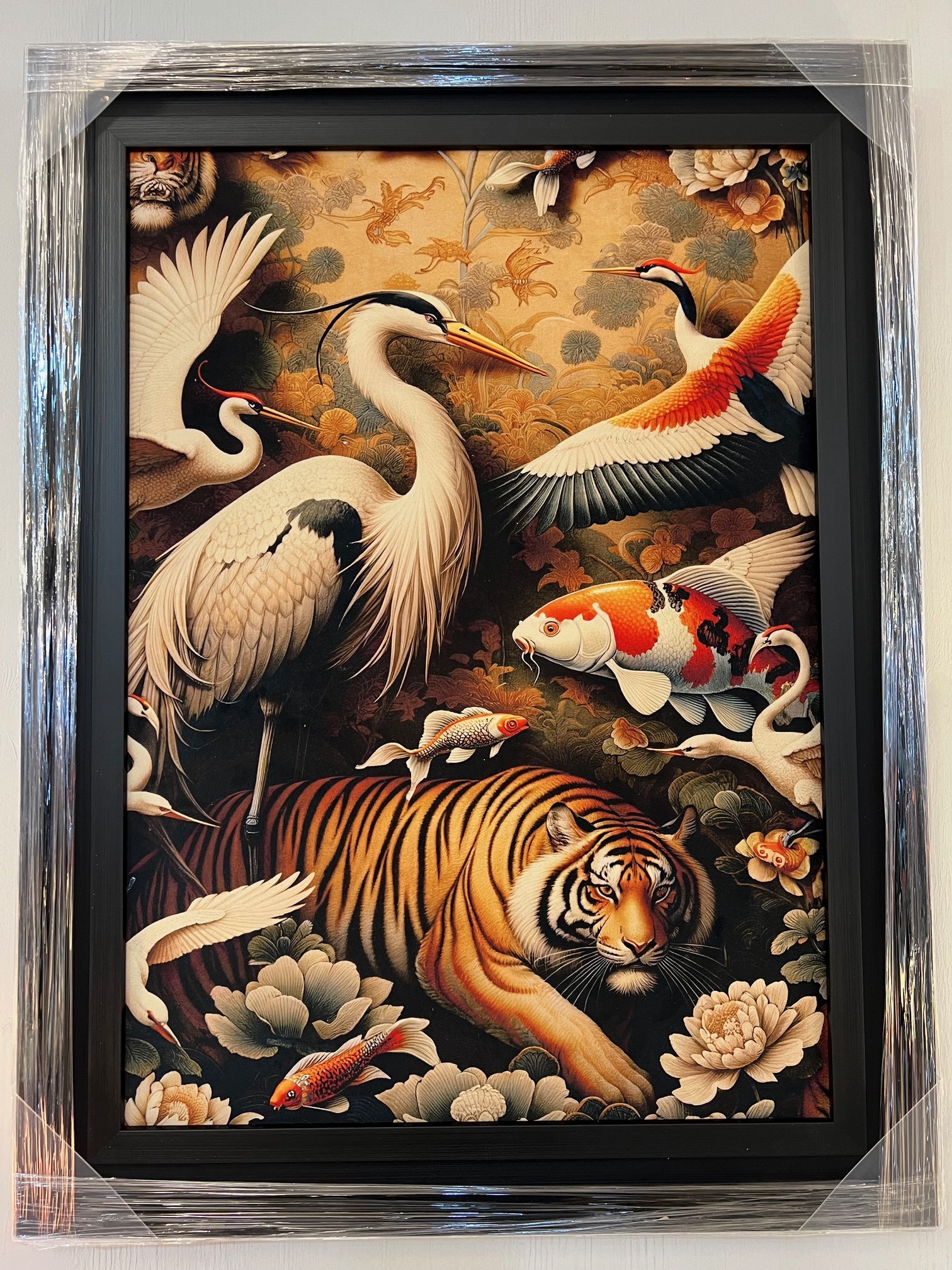 Tiger With Crane On Velvet Picture Black Frame