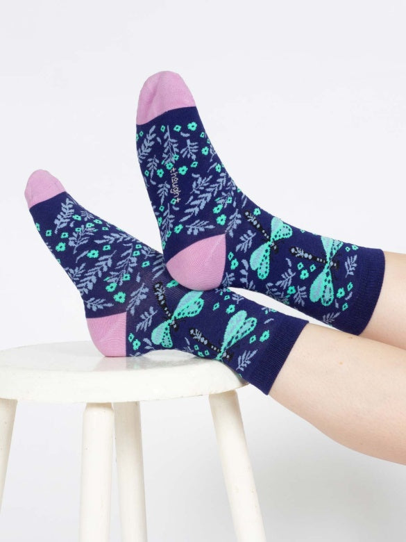 Thought Floral Insect Bamboo Socks Blue Dragonfly 4-7