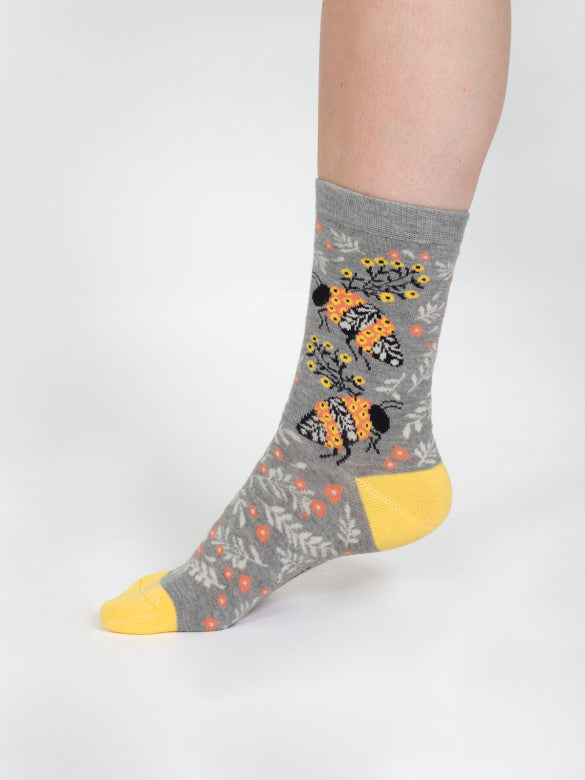 Thought Floral Insect Bamboo Socks Grey Bee 4-7