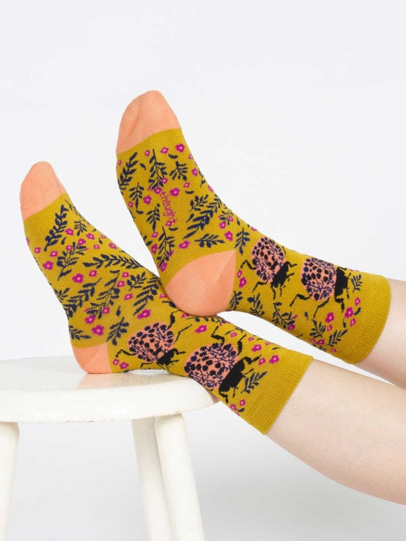 Thought Floral Insect Bamboo Socks Yellow Beetle 4-7