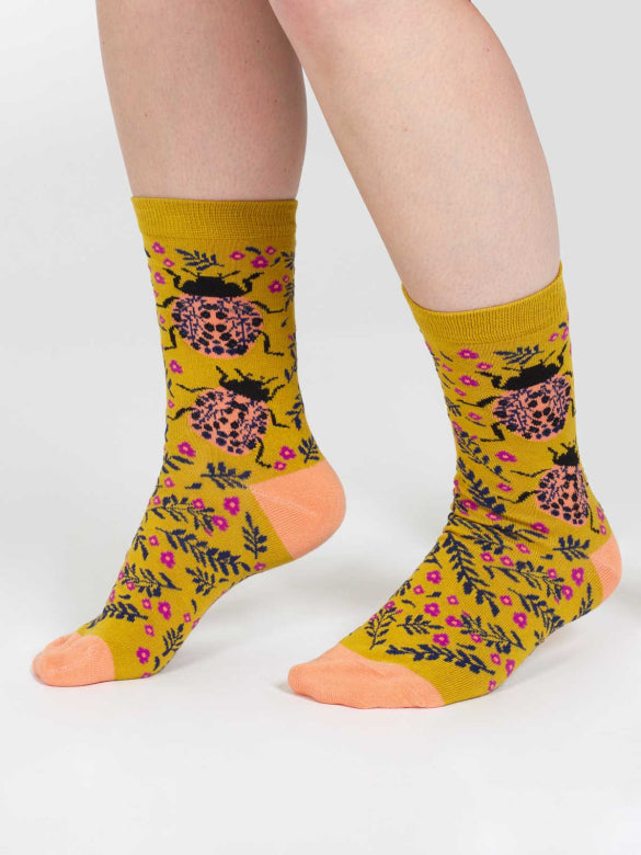 Thought Floral Insect Bamboo Socks Yellow Beetle 4-7