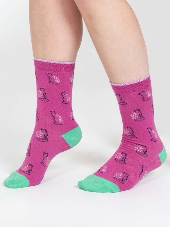 Thought Outline Animal Bamboo Socks Purple Cat 4-7