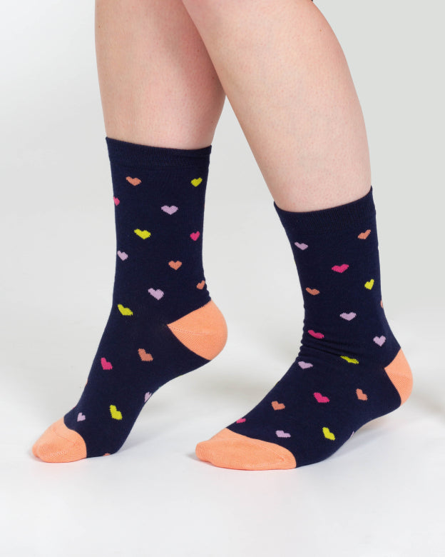 Thought Mixed Shape Bamboo Socks Navy/Orange Heart 4-7