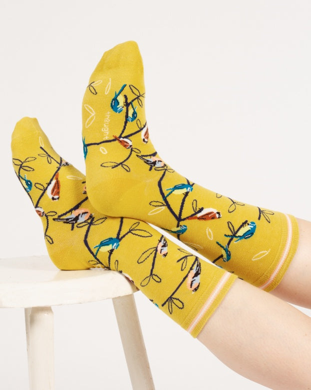 Thought Multi Bird Organic Cotton Socks Yellow 4-7