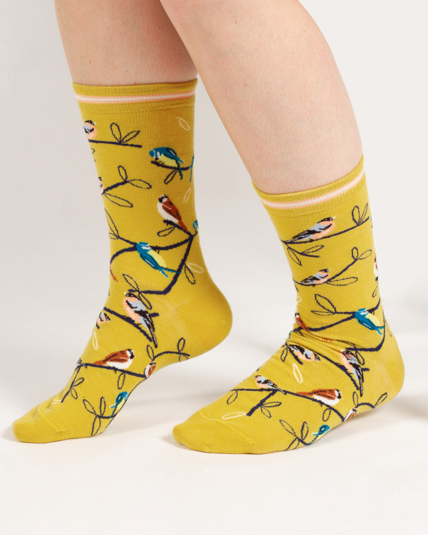 Thought Multi Bird Organic Cotton Socks Yellow 4-7