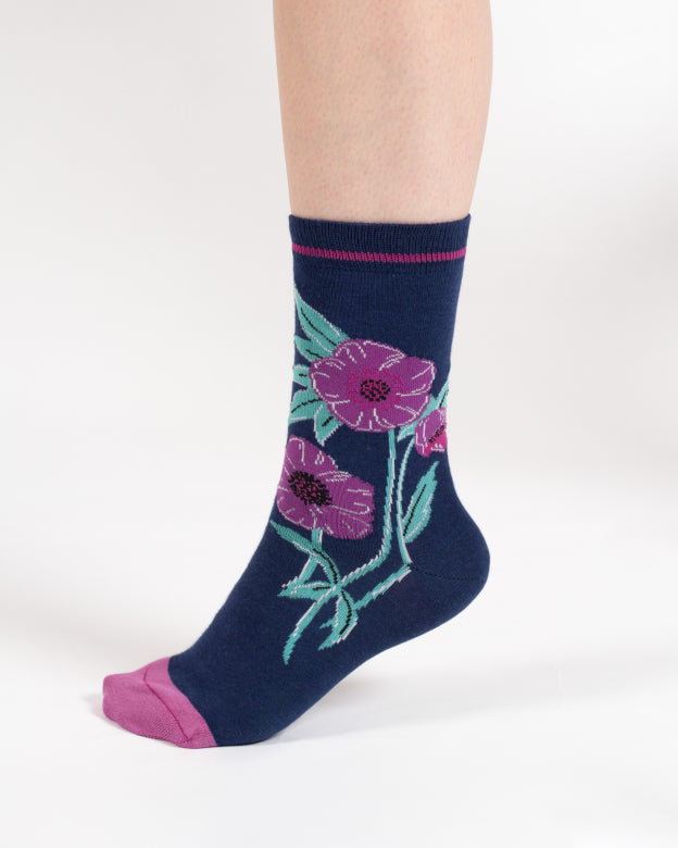 Thought Oversized Floral Bamboo Socks Blue 4-7