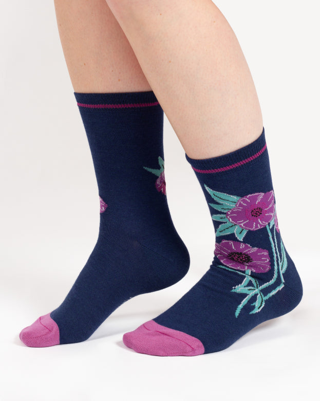 Thought Oversized Floral Bamboo Socks Blue 4-7