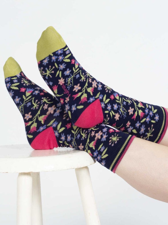 Thought Ditsy Floral Bamboo Crew Socks Navy Multi 4-7