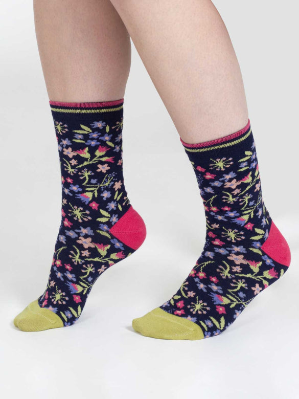 Thought Ditsy Floral Bamboo Crew Socks Navy Multi 4-7