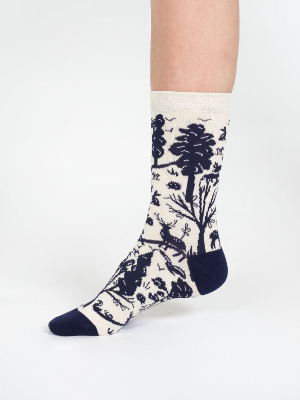 Thought Woodland Scene Organic Cotton Crew Socks Cream Navy 4-7