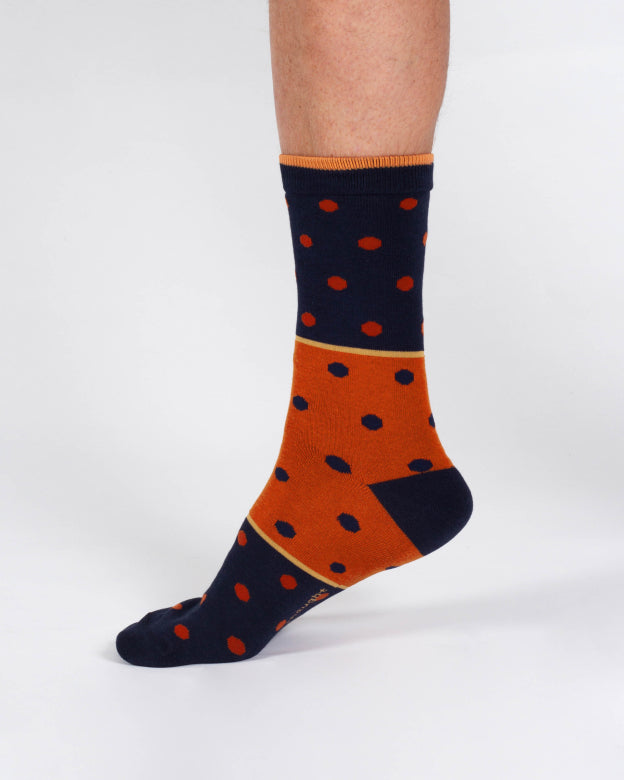 Thought Spot Stripe Bamboo Crew Socks Navy Orange 7-11