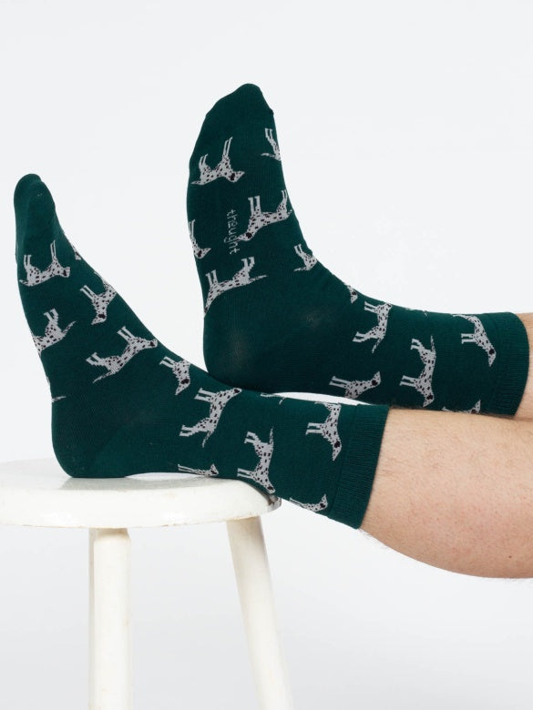 Thought Doggy Bamboo Crew Socks Green/Dalmatian 7-11