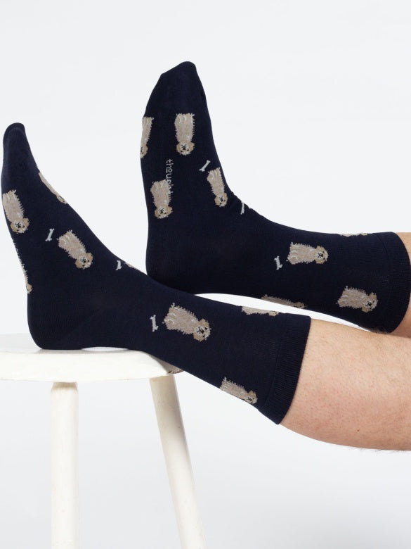 Thought Doggy Bamboo Crew Socks Navy/Golden Retriever 7-11