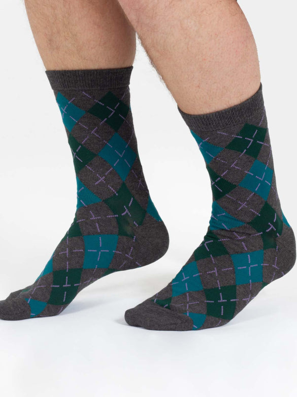 Thought Argyle Bamboo Print Crew Socks Grey 7-11