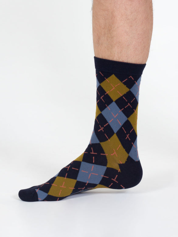 Thought Argyle Bamboo Print Crew Socks Navy 7-11