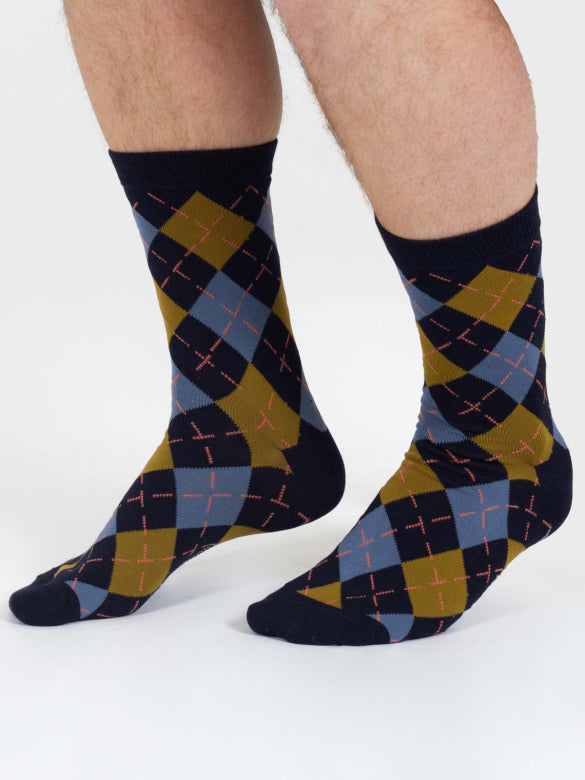 Thought Argyle Bamboo Print Crew Socks Navy 7-11