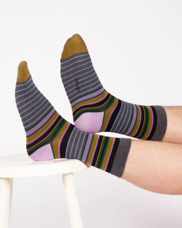 Thought Thick Multi Stripe Bamboo Crew Socks Moss Green/Lilac 7-11