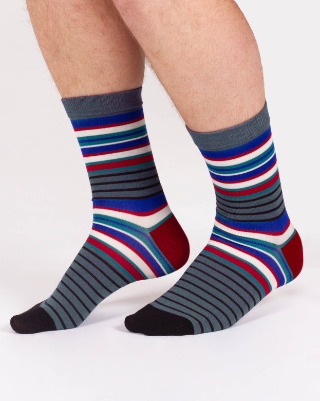 Thought Thick Multi Stripe Bamboo Crew Socks Blue/Red 7-11