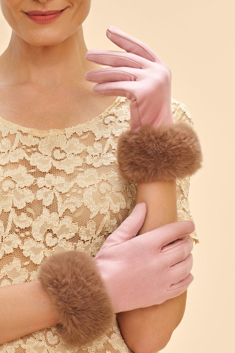 Powder Bettina Faux Suede/Faux Fur Gloves in Petal/Teddy