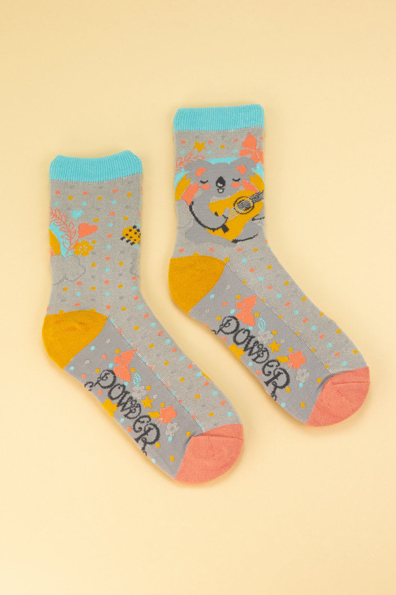 Powder Musical Koala Ladies Ankle Socks - Pale Grey