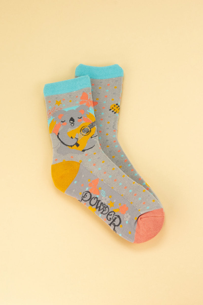 Powder Musical Koala Ladies Ankle Socks - Pale Grey