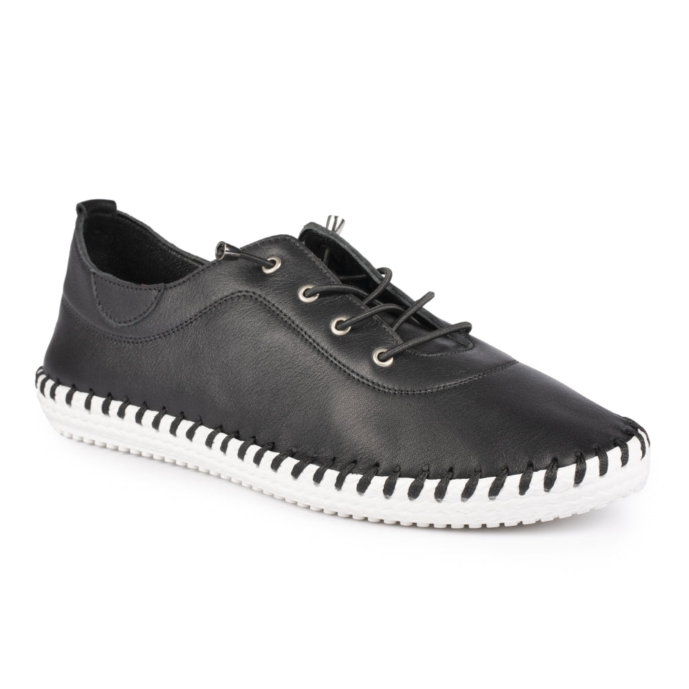 Lunar St Ives Black Leather Plimsoll