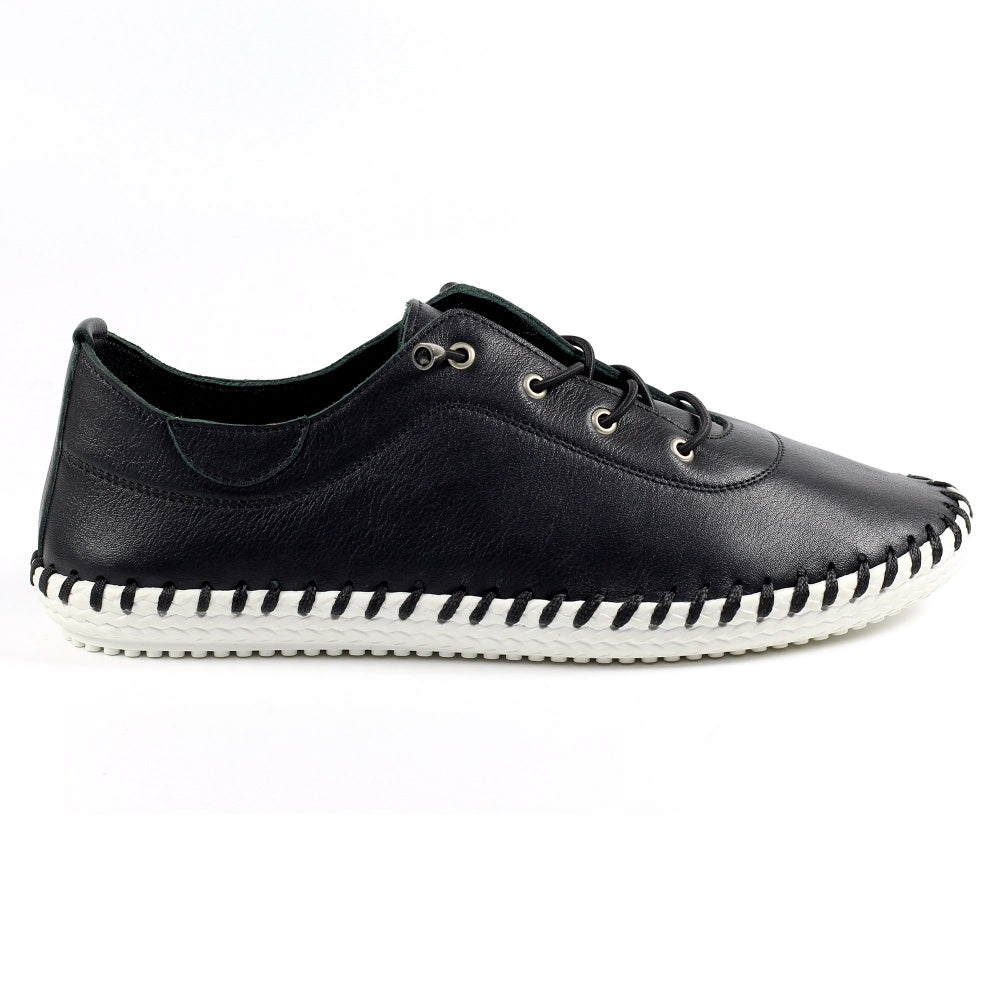 Lunar St Ives Black Leather Plimsoll