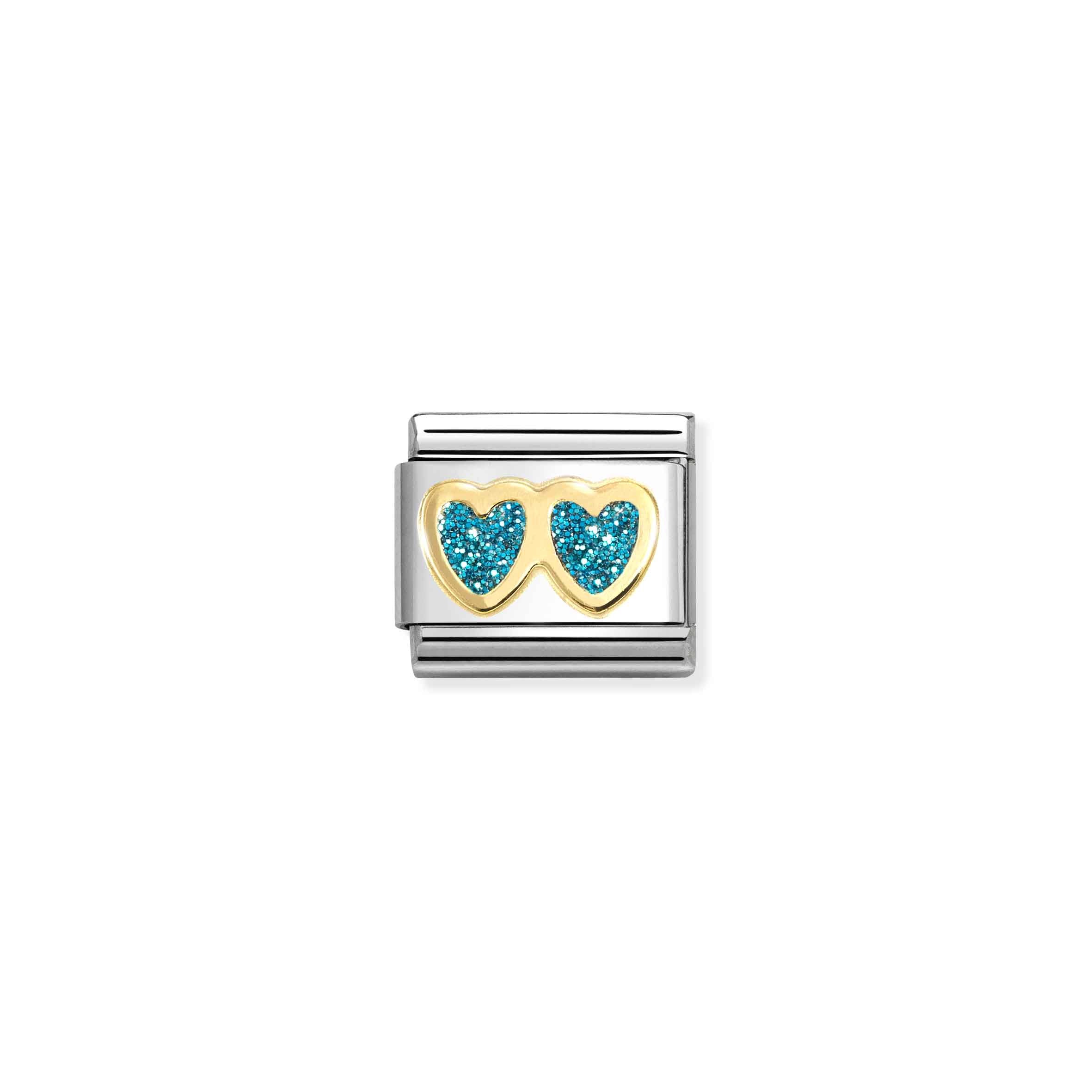 Nomination Yellow Gold Turquoise Glitter Double Heart Charm